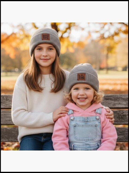 Matching Sister Knit Beanies Set Big Sis Lil Sis Leather Patch Hat